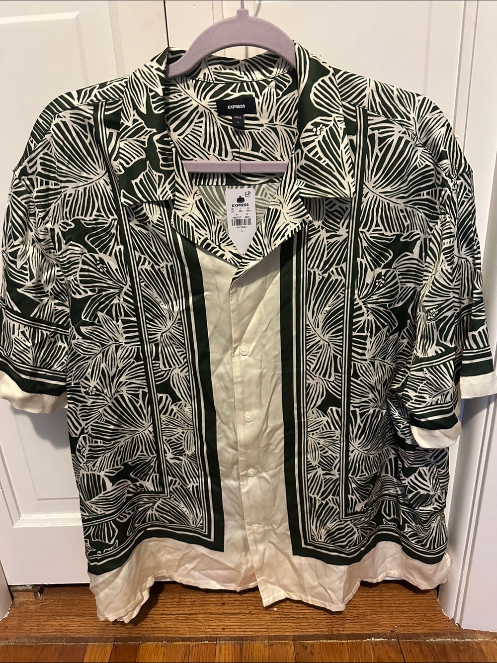 Express Green and Cream Short-Sleeve Camp Shirt with Leaf Print